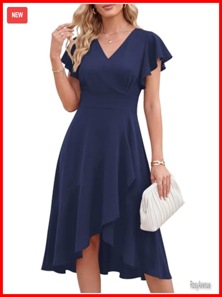 Womens Cocktail Wrap Midi Dress V-Neck Short Sleeve High Low Ruffle Polyester